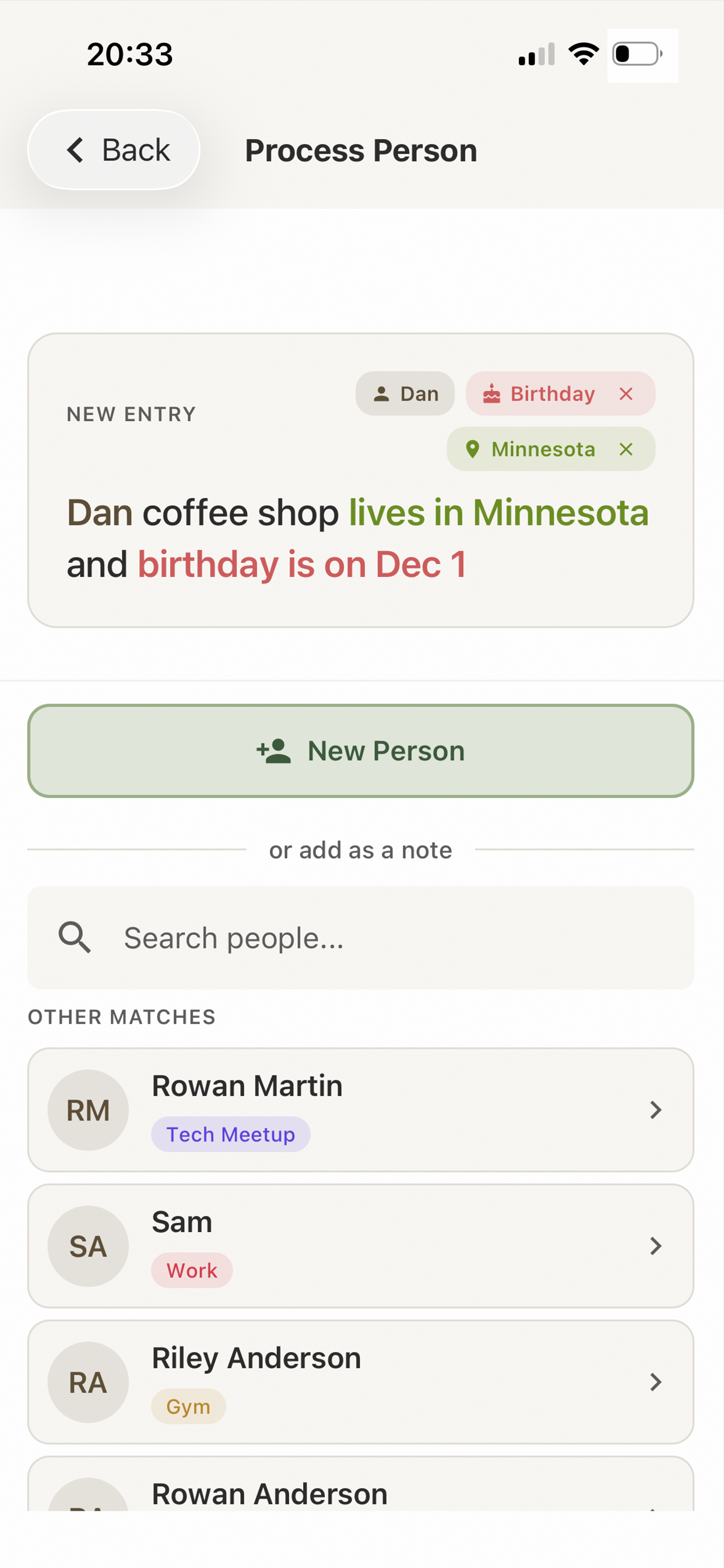 process new entries - choose new person or add as a note