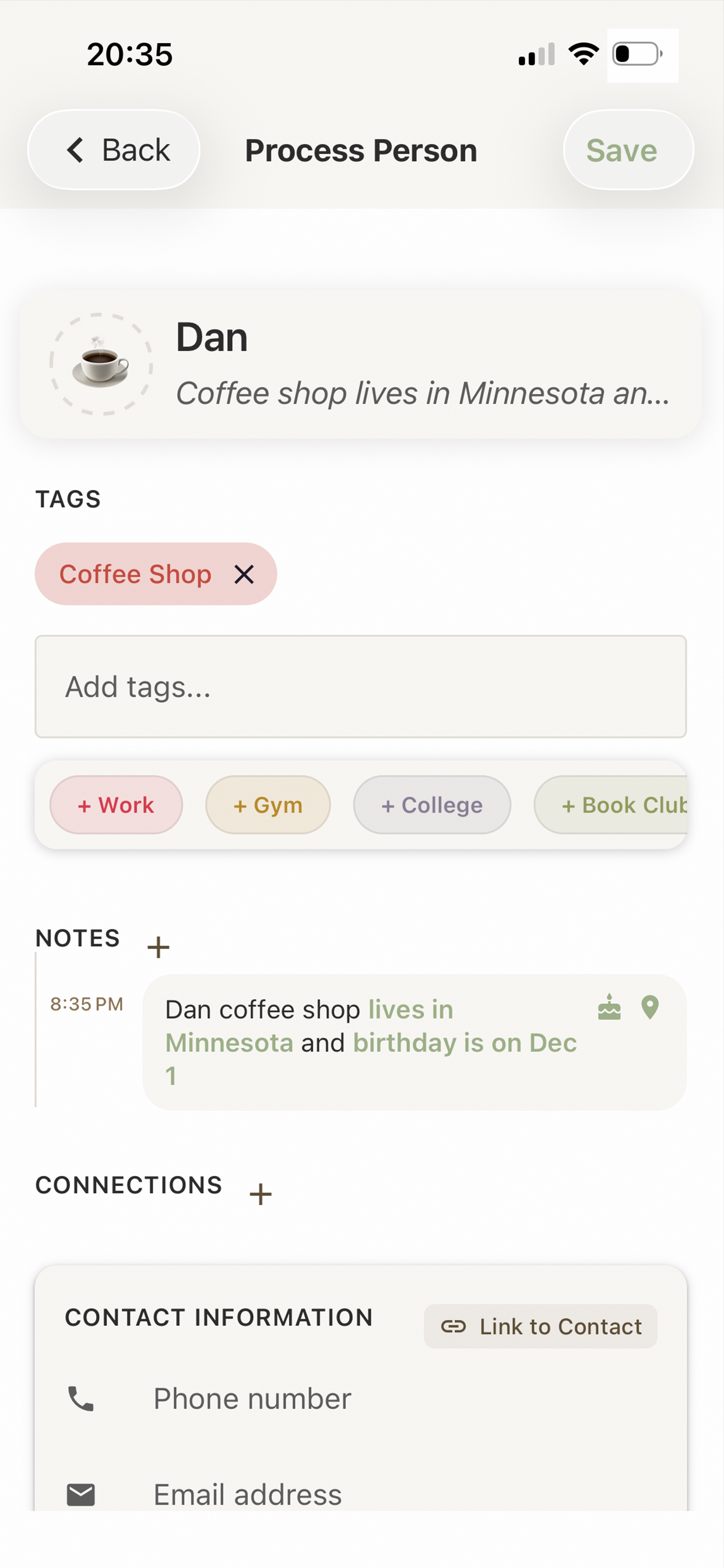 betterpal add person details - select tags connections and info