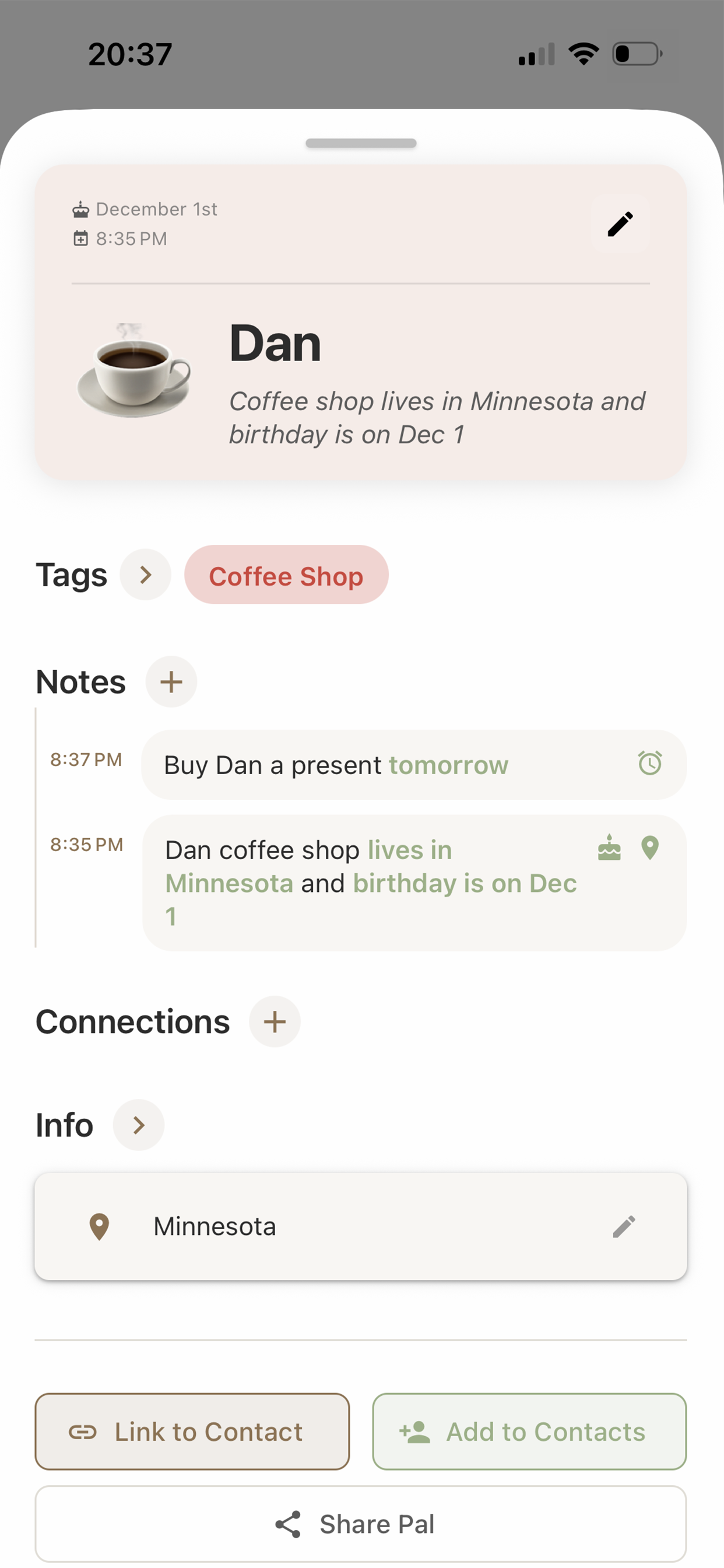 betterpal contact card - view all saved info about a person