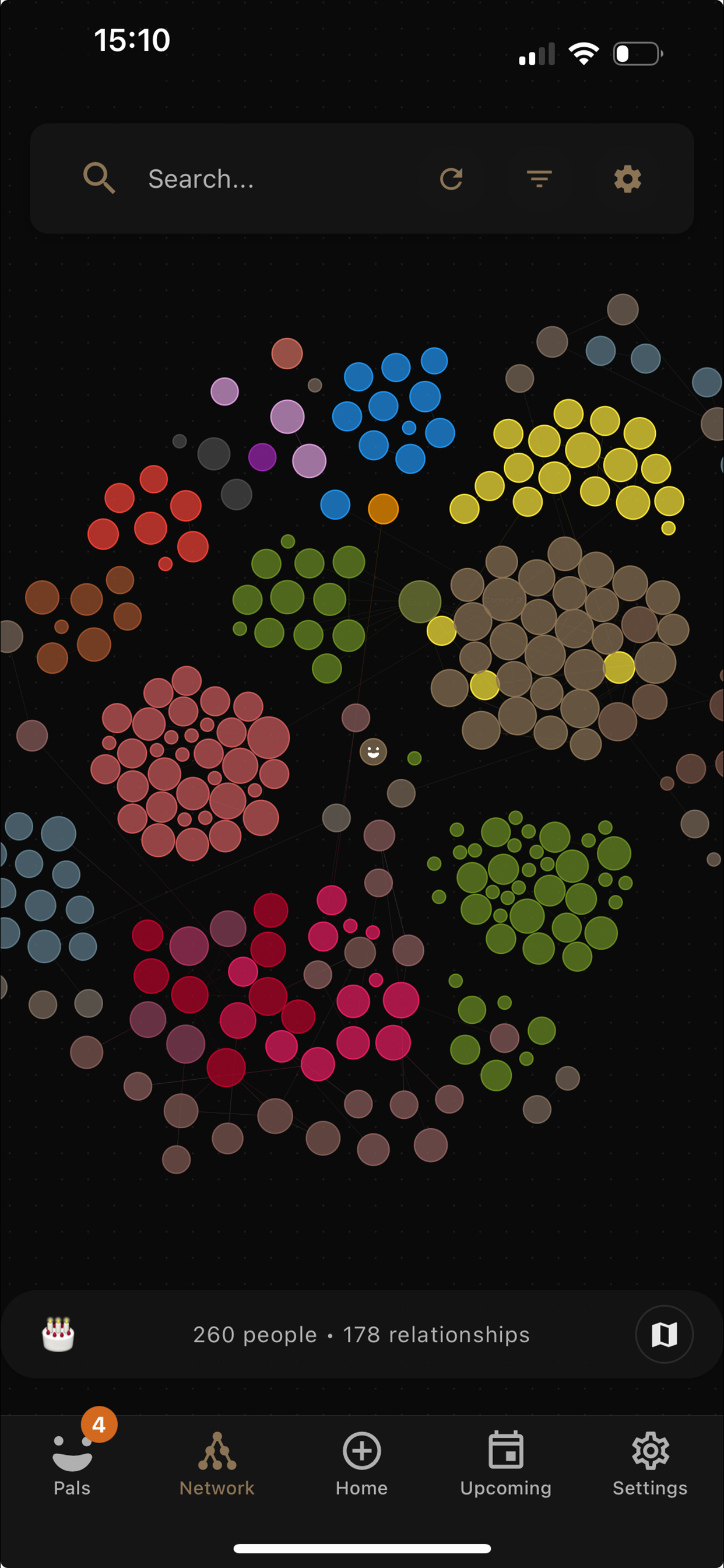 betterpal network visualization - interactive relationship graph showing 260 contacts