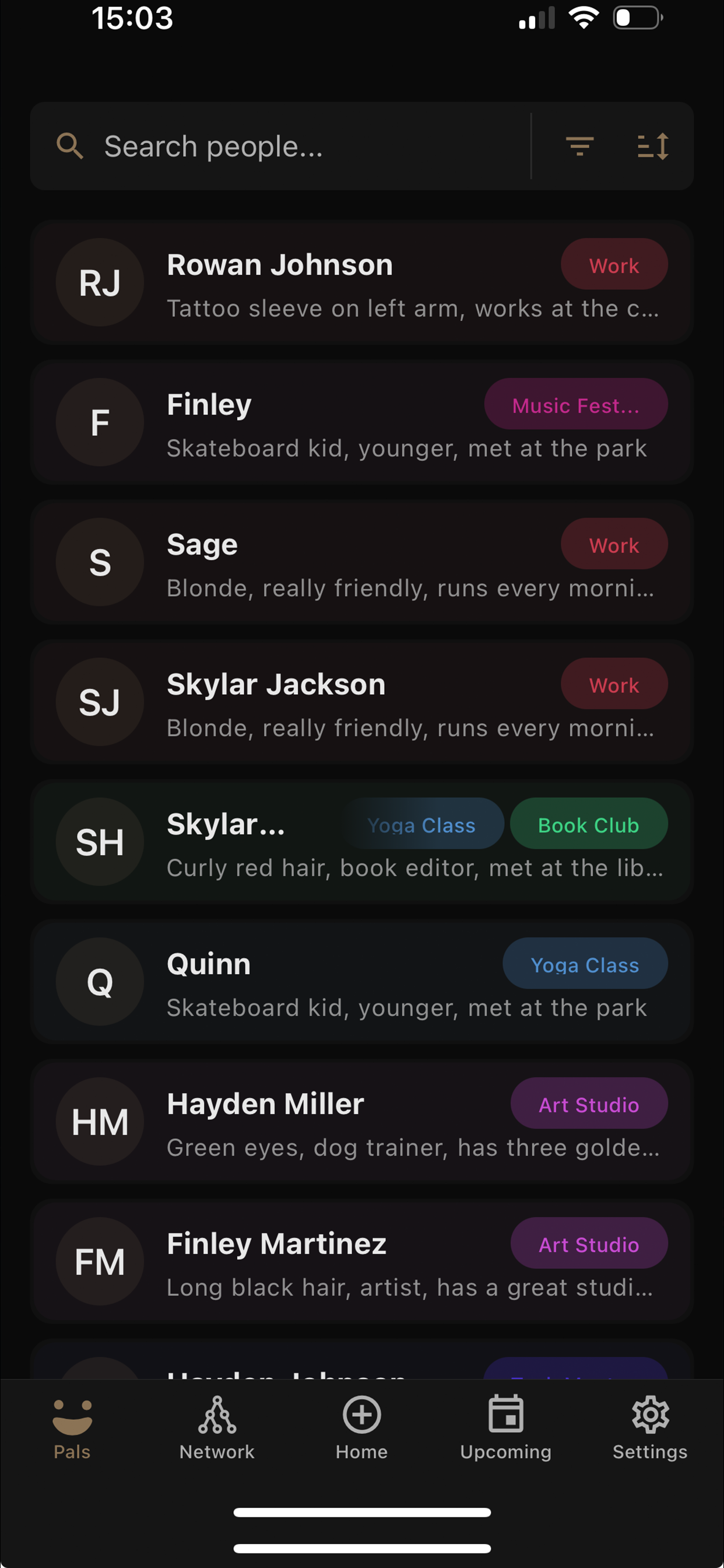 betterpal contacts list with tags - organize people by context and events